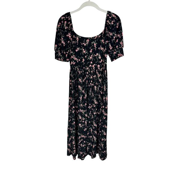 Lush Floral Midi Dress Size S Tie Bust Short Sleeve Black Pink Coquette Bow - Picture 3 of 8